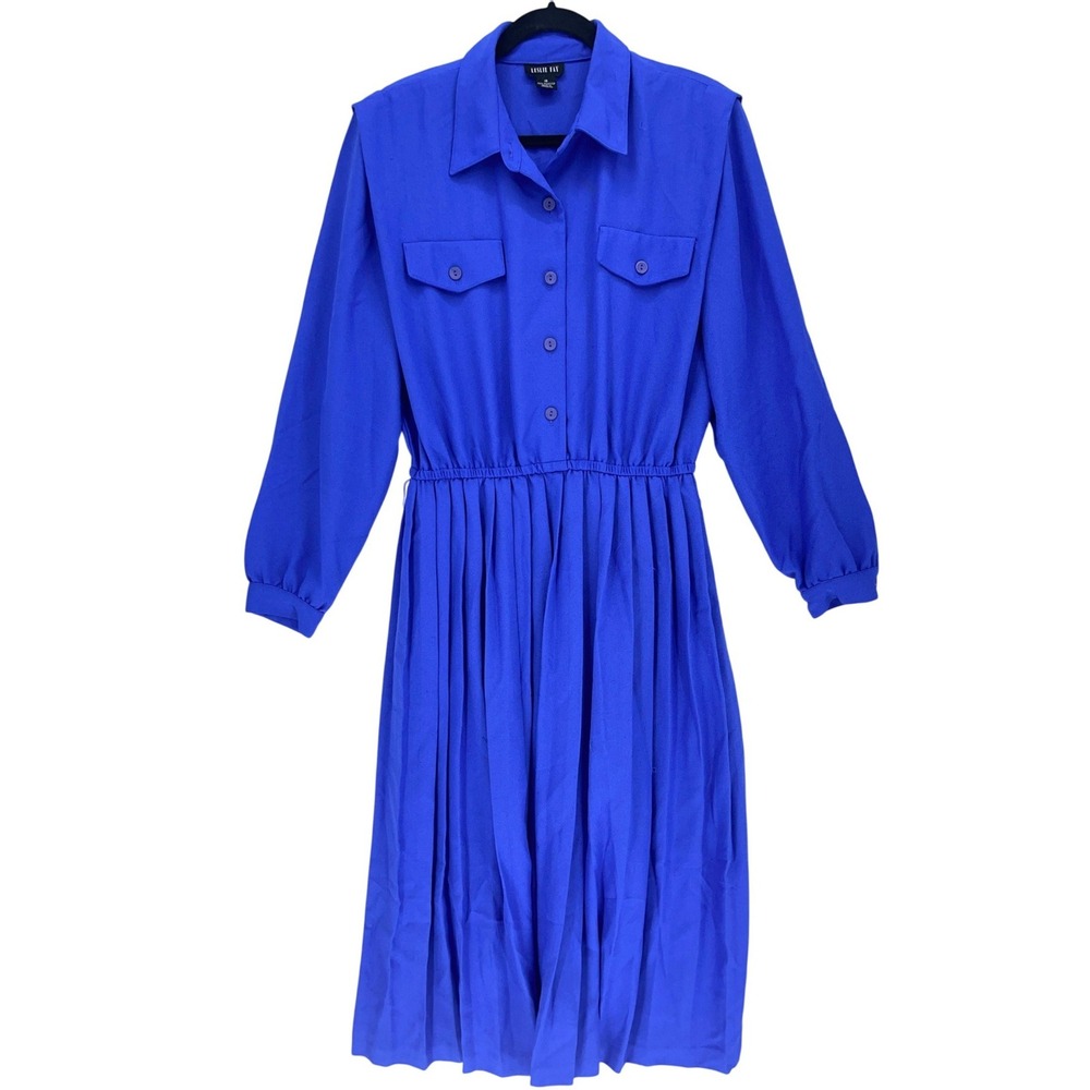 Leslie Fay Royal Blue Button Front Pleated Midi Dress 16 Vintage 90s Long Sleeve